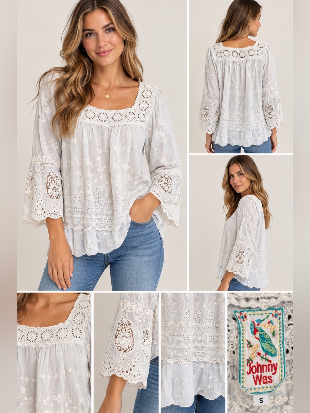 Johnny Was White / light blur Eyelet Lace Boho Bell Sleeve Blouse Top Size Small